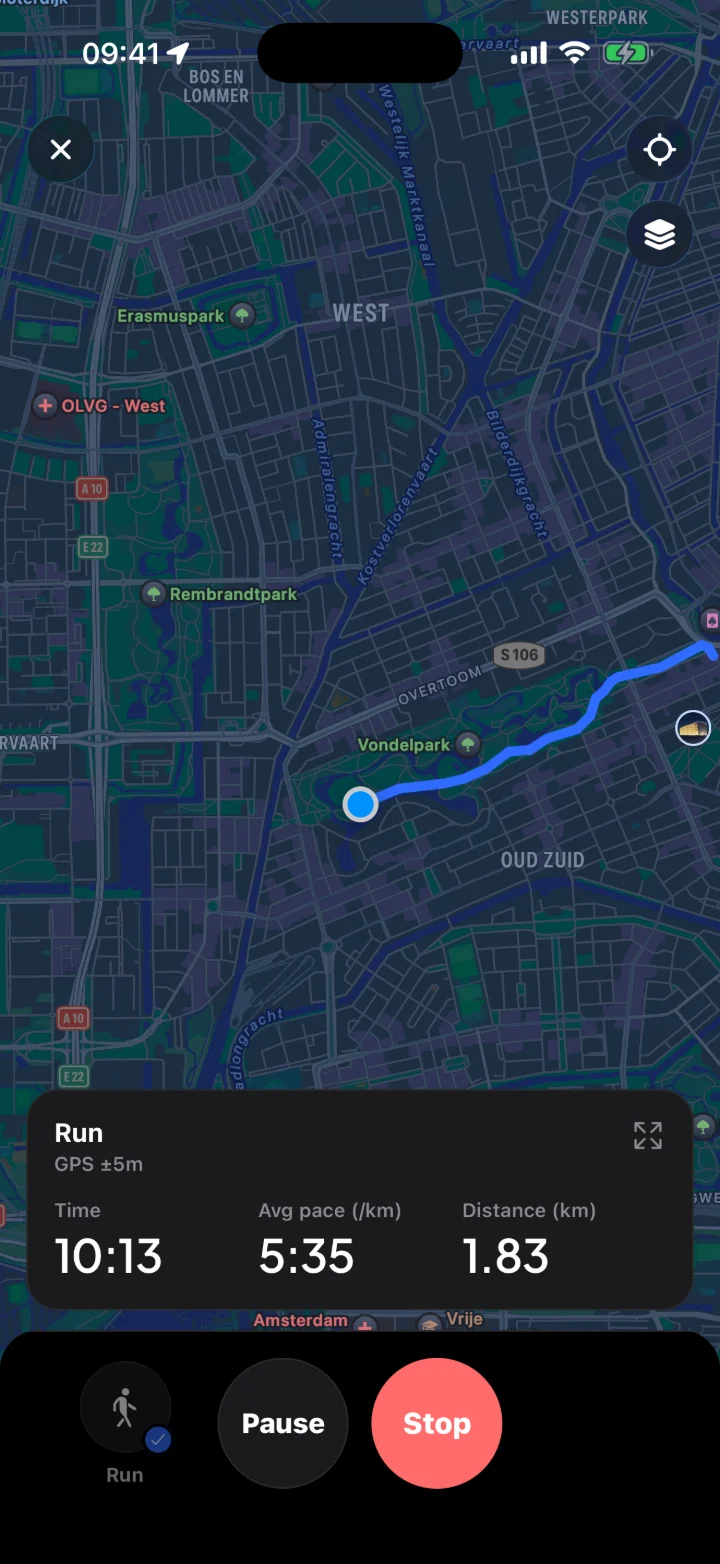 The Fuse cardio screen, with a run through Vondelpark on the map
