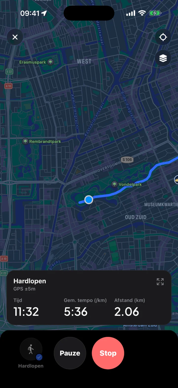 Het cardioscherm van Fuse, met een run door het Vondelpark op de kaart