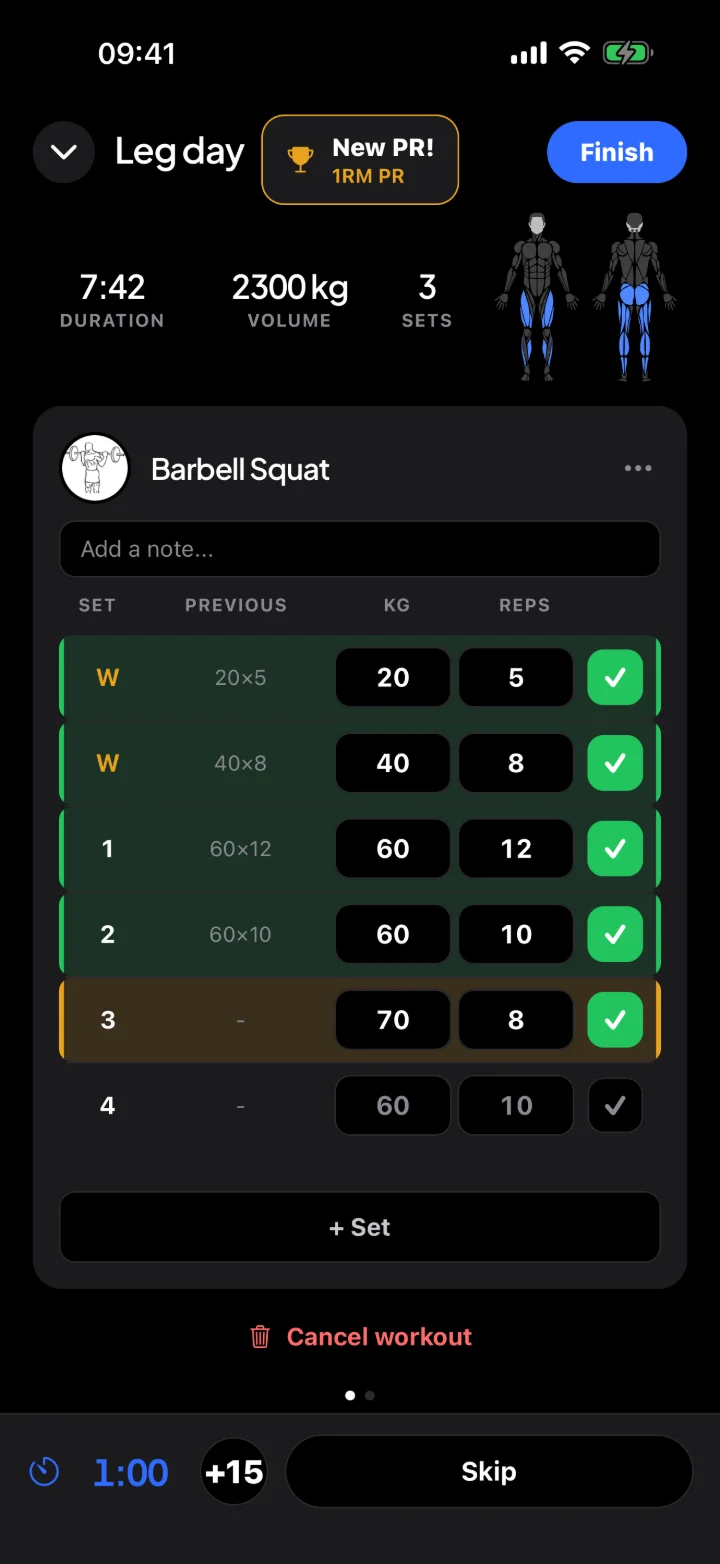 The Fuse workout tracker: sets with weight and reps, what you did last time and a new record in gold