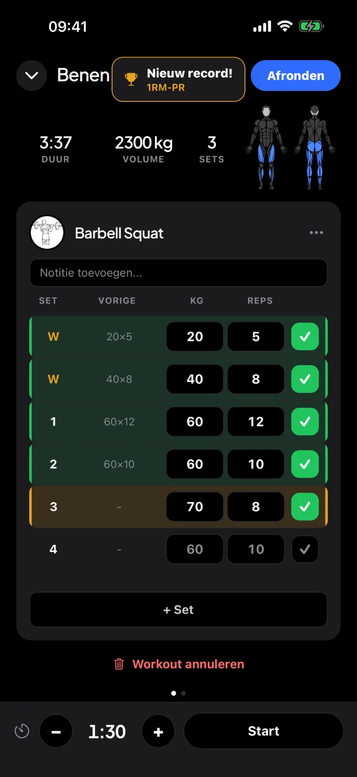 De workout-tracker van Fuse: sets met gewicht en herhalingen, wat je de vorige keer deed en een nieuw record in goud
