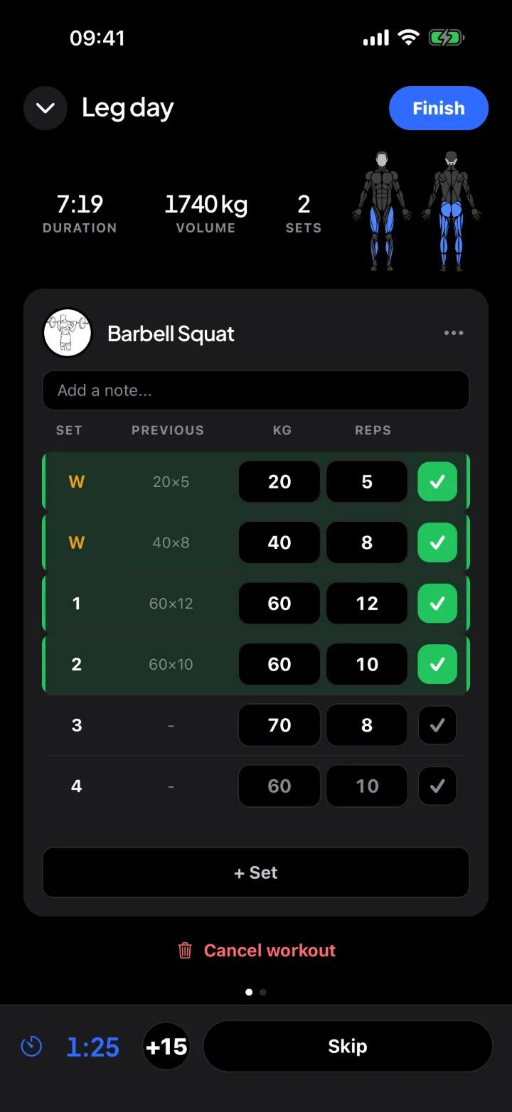 The Fuse workout tracker, with completed sets and a running rest timer
